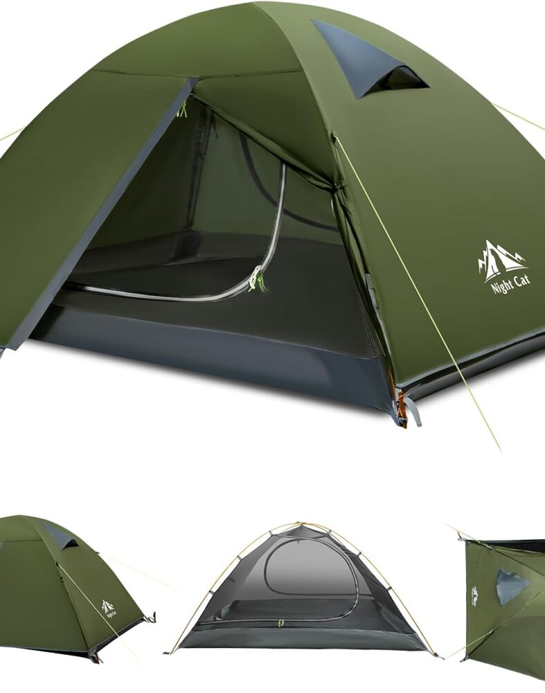 Night Cat 2-Persons Backpacking Tent: Waterproof Lightweight Camping Tent for Two People Hiking Outdoor Mountain with Aluminum Poles and Rainfly Green